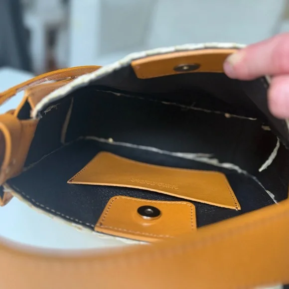 LIKE NEW Women’s Anna Paola Leather and Rattan Crossbody Bag - cognac and beige - Picture 2 of 7